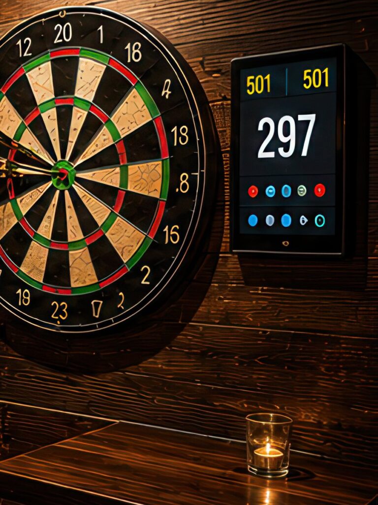 Dartscheibe mit Darts im Bullseye, daneben das elektronische Scoreboard